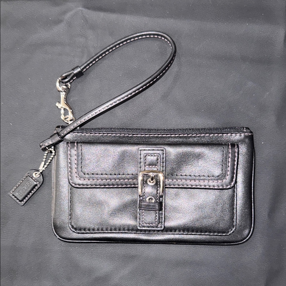 Coach Black Leather Wristlet Clutch with Buckle Detail
